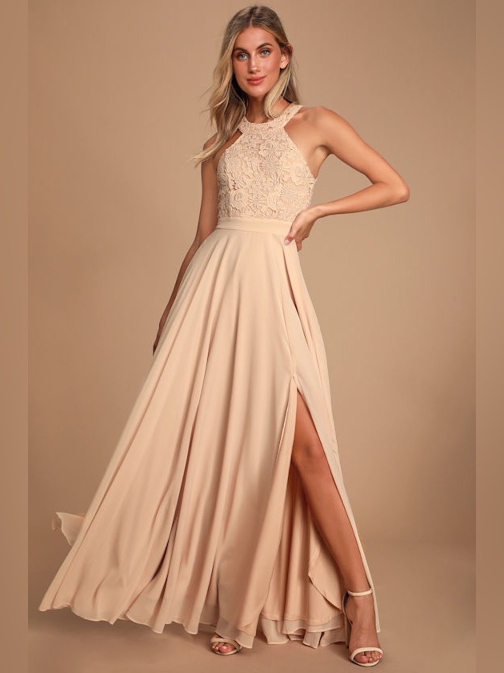 Lulu's Picture Perfect Blush Lace Maxi Dress - Size XS NWT